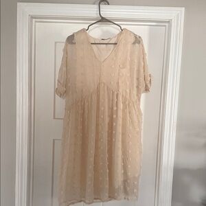 Beige Textured V-Neck Short Sleeve Dress